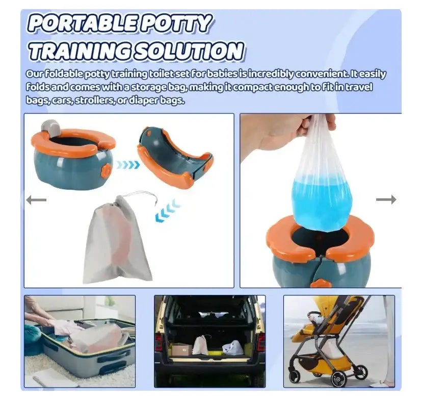 Foldable portable potty training toilet for babies, shown with storage bag, easy to use for travel, car, stroller.