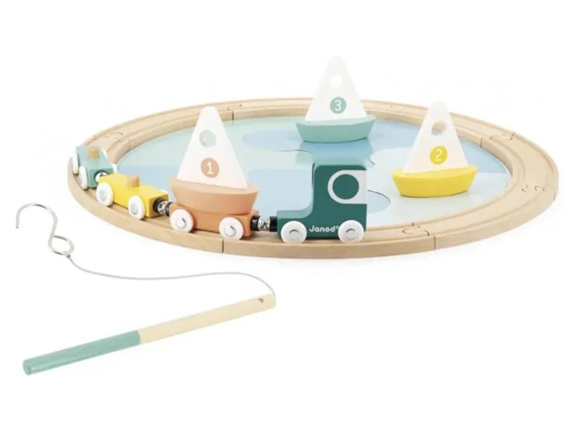 Janod Sailing Boat Circuit Toy: wooden train with numbered pastel sailboats on round track and magnetic fishing pole