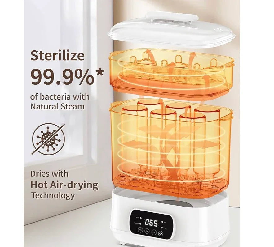 Baby bottle sterilizer and dryer with natural steam and hot air-drying technology