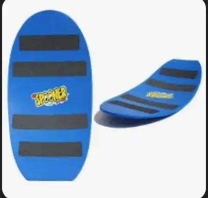 Top and angled view of Spooner Board Pro balance board, blue with black grip strips, curved rocker on white background