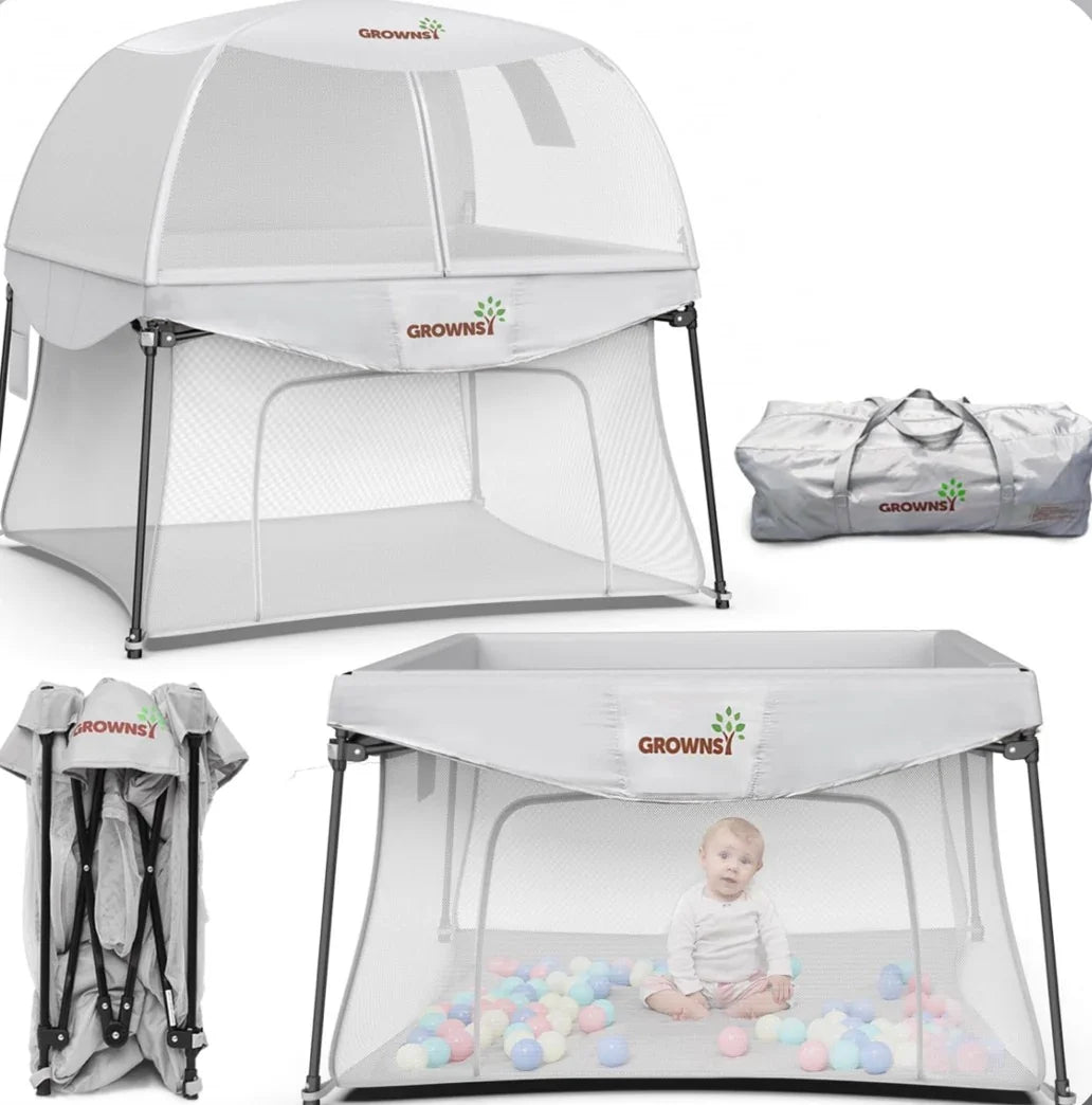 GROWNSY Foldable Indoor/Outdoor Playpen with Canopy Grey 48x48''