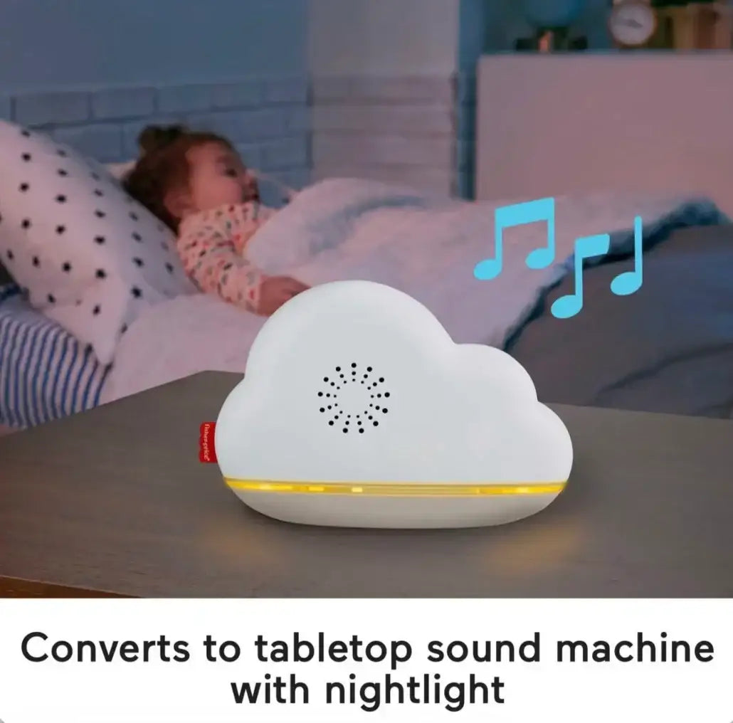 Front view of Fisher-Price Calming Clouds Crib Mobile & Soother converted to tabletop sound machine with nightlight