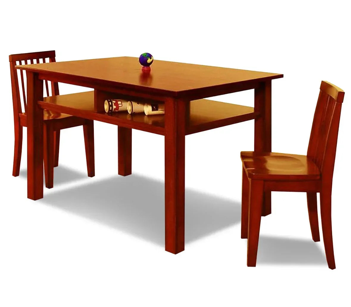 Wooden kids table and chairs set with storage shelf and toys, perfect for playroom or study area