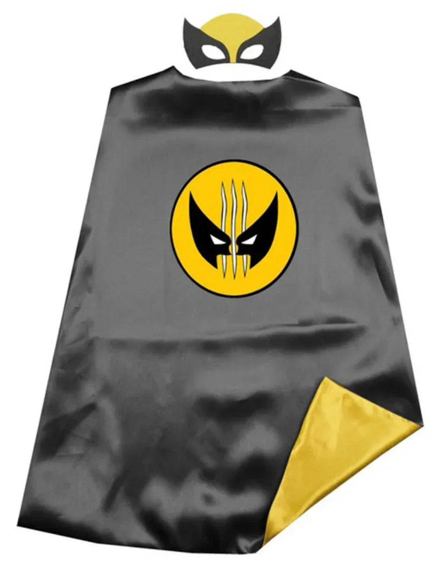 Black and yellow superhero cape with mask, perfect for kids' costume play and dress-up fun