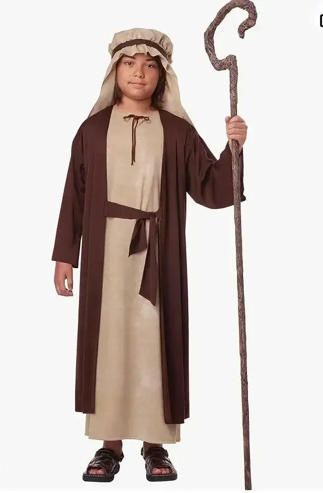 Front view of Saint Joseph child costume showcasing brown robe, beige tunic, head covering, and shepherd’s crook against white
