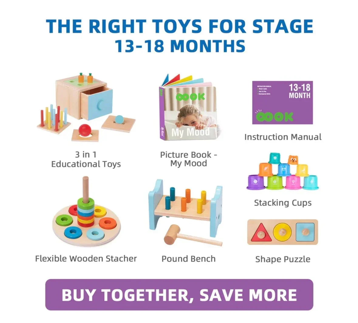Promotional graphic showing recommended toys for 13–18 months: 3-in-1 educational toy, picture book "My Mood", instruction manual, stacking cups, flexible wooden stacker, pound bench, and shape puzzle; banner "Buy together, save more"