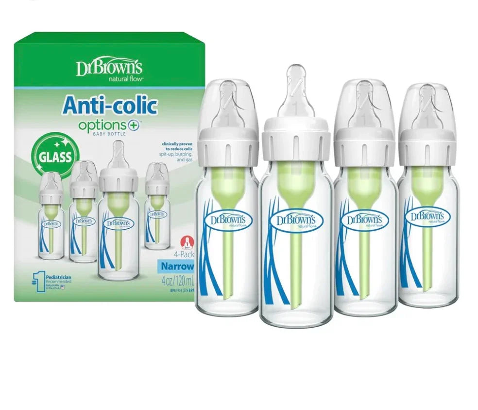 NEW Dr. Brown's Options+ Narrow Glass Baby Bottles with Level 1 Slow Flow Nipple, 4pk 8oz