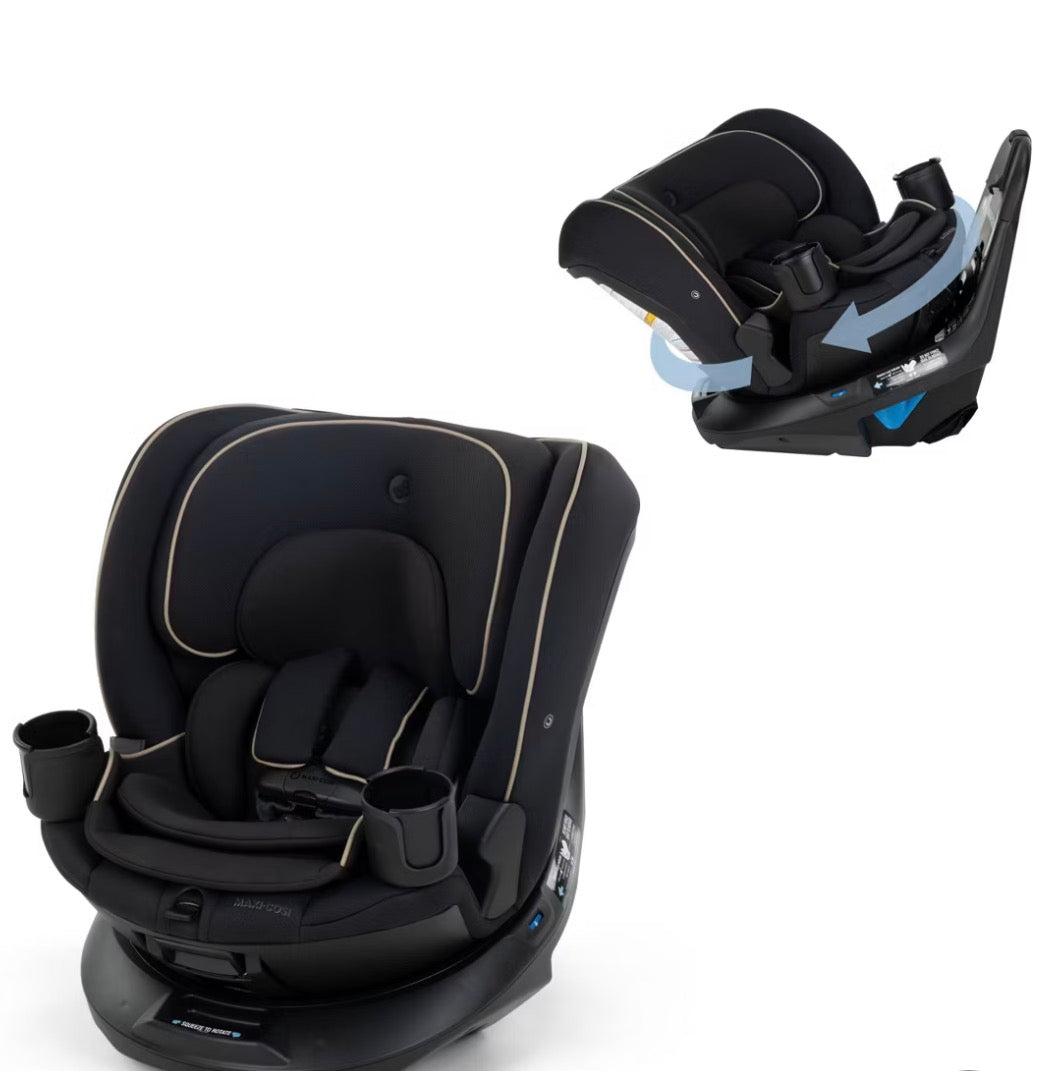 Front and rear views of the Maxi-Cosi Andi convertible car seat in Caspian Caviar with cup holders and gold trim