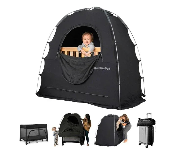 Black sleep pod tent covering baby crib, travel blackout canopy, portable for kids