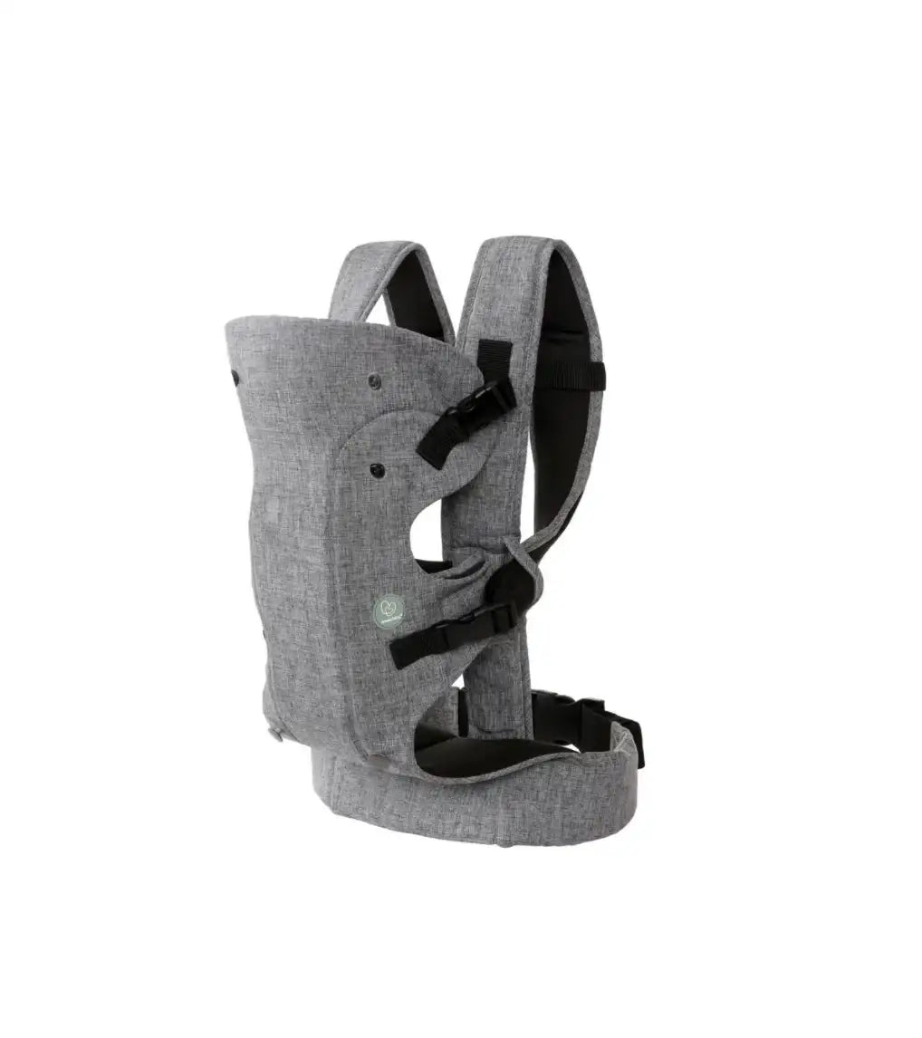Angled view of DreamBaby Journey Carrier in grey showcasing shoulder straps, waist belt, and buckles with a white background