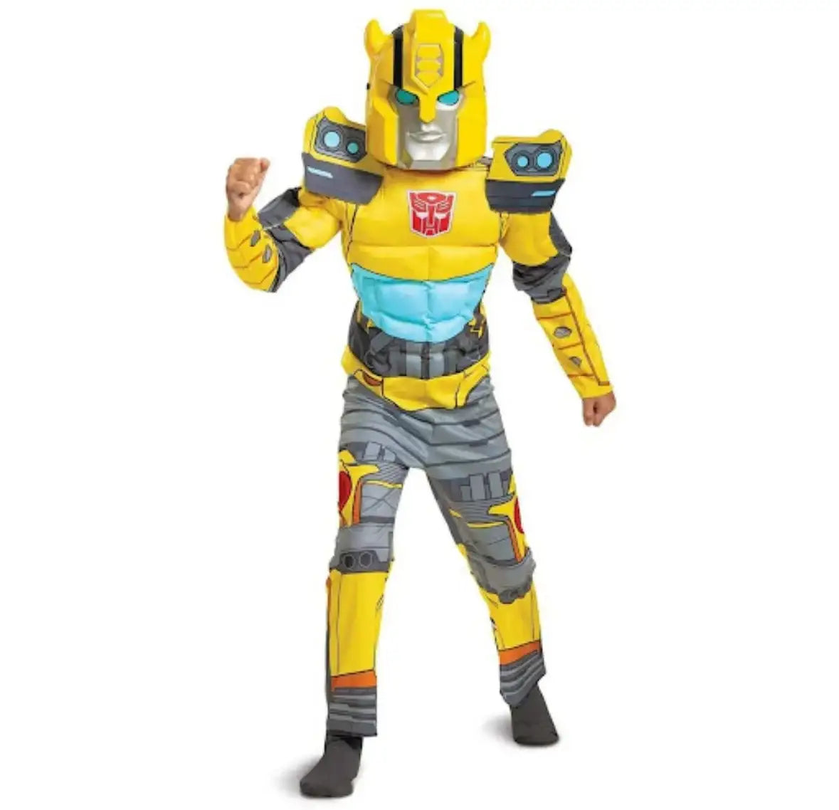Front view of Disguise Transformers Bumble Bee costume, size 10 to 12, showcasing yellow robot armor and helmet on white background