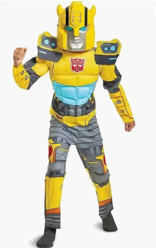 Front view of Transformers Bumblebee costume in yellow and gray with helmet, blue accents, and red Autobot emblem on white background