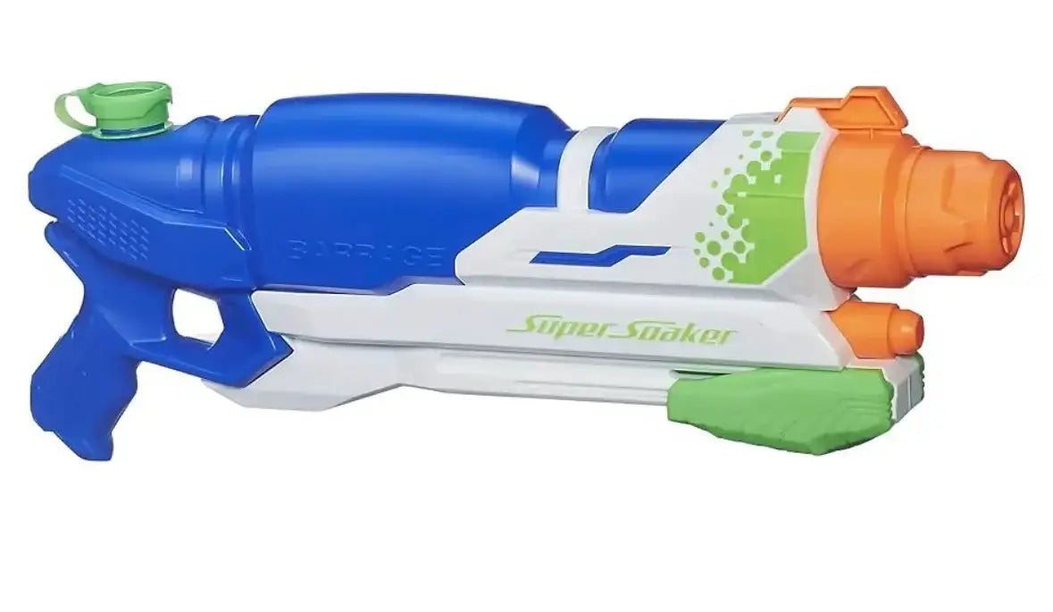 Blue, orange, and white Super Soaker water blaster toy for kids.