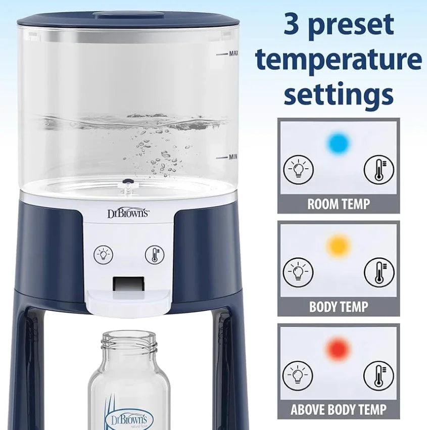 Baby bottle warmer with three preset temperature settings, water tank, and glass bottle