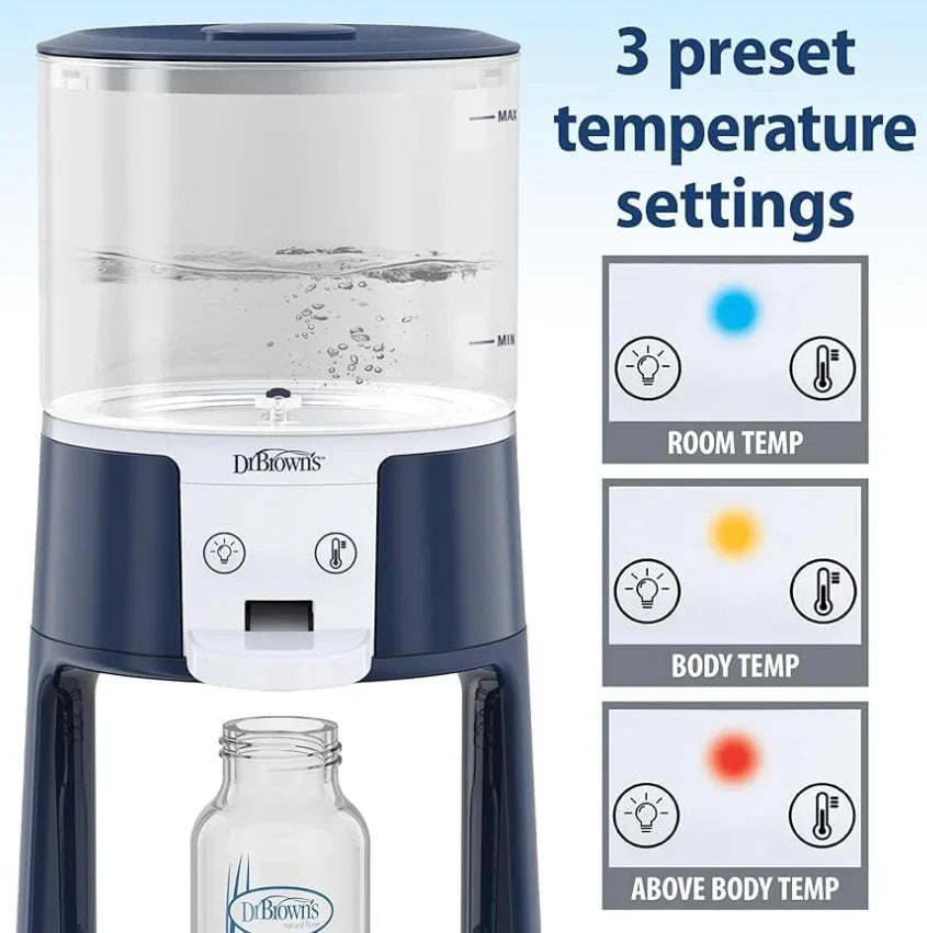 Baby bottle warmer with three preset temperature settings, water tank, and glass bottle