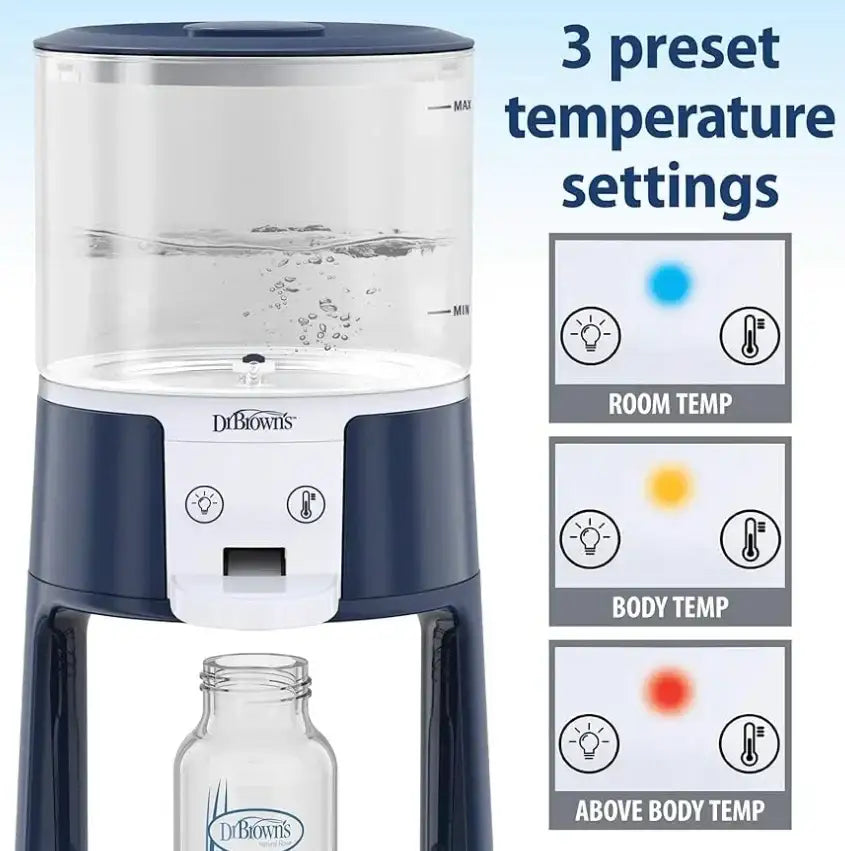 Baby bottle warmer with three preset temperature settings, water tank, and glass bottle
