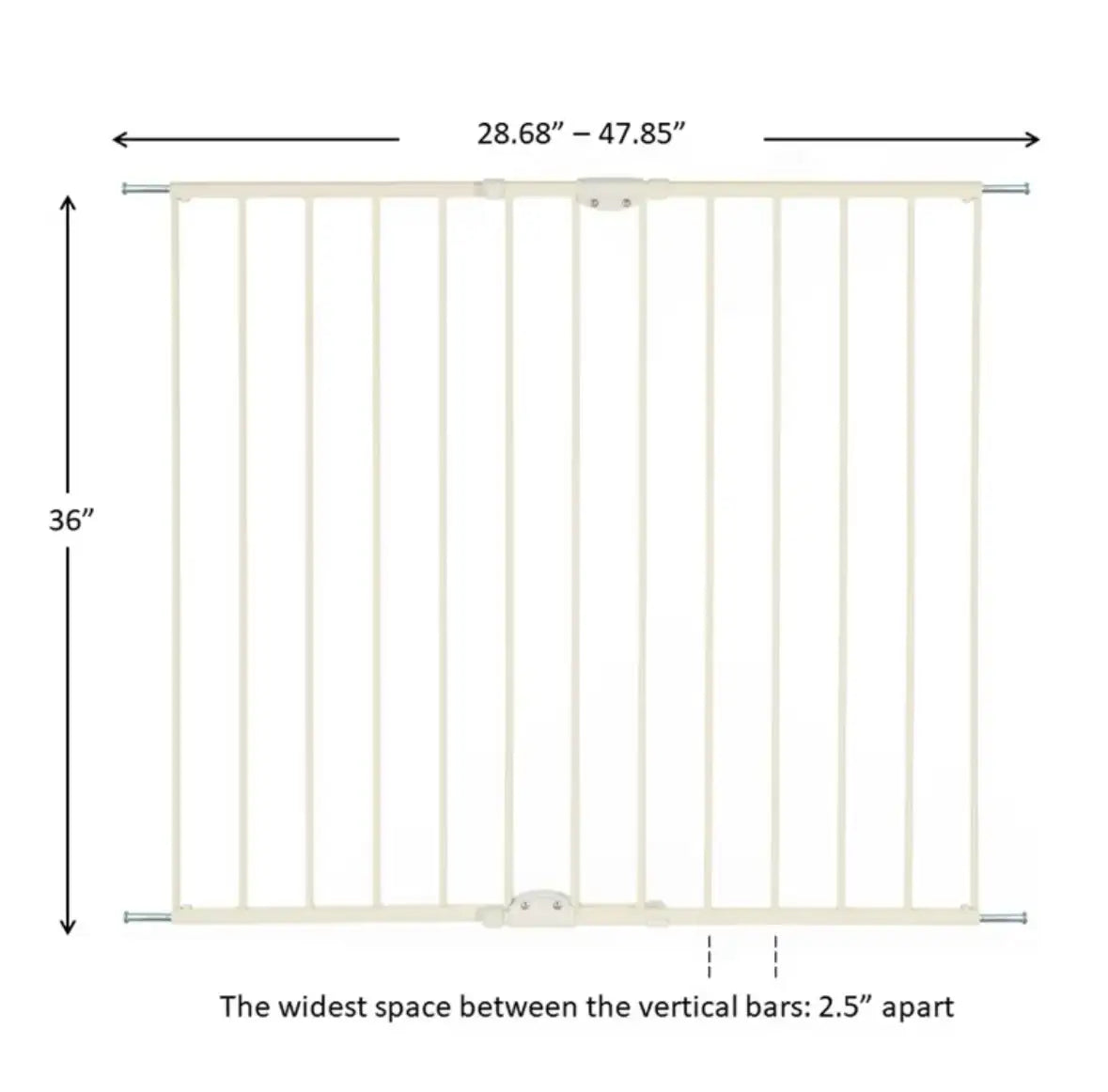 Toddleroo by North States Tall Easy Swing & Lock Baby Gate with dimensions and bar spacing.