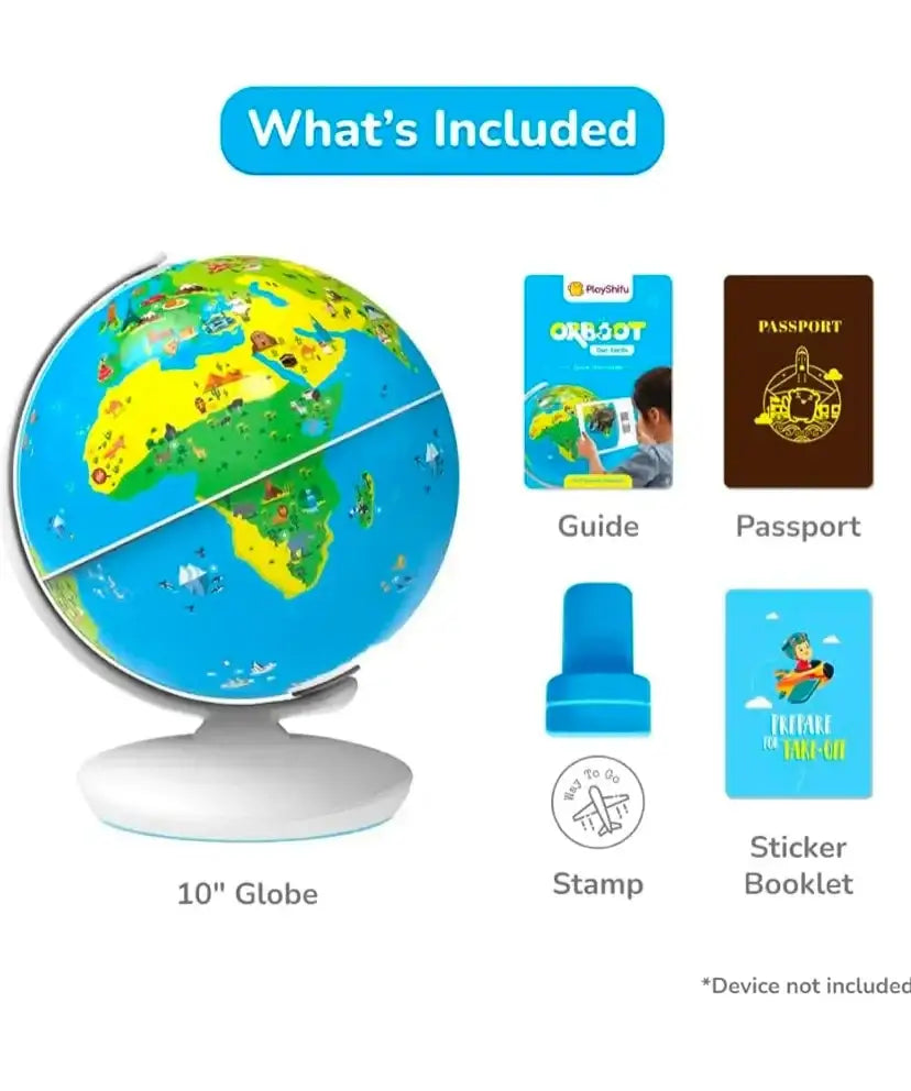 Product diagram showing what’s included with PlayShifu Orboot Earth: 10-inch globe, guide, passport, stamp, sticker booklet