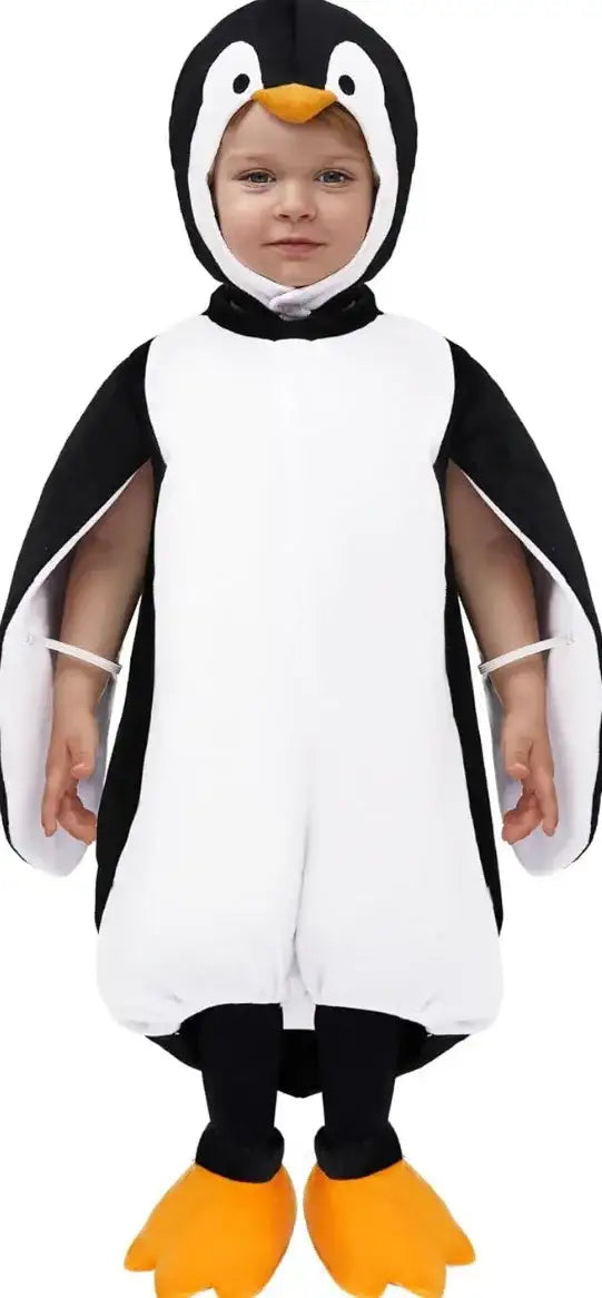Child in adorable penguin costume with orange feet, perfect for kids' dress-up or Halloween