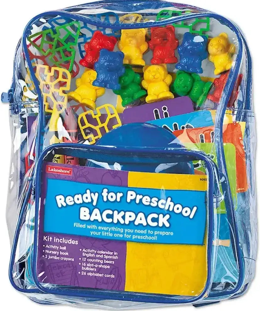 Front clear vinyl Ready for Preschool backpack showing colorful counting bears, alphabet cards, activity book and blue trim
