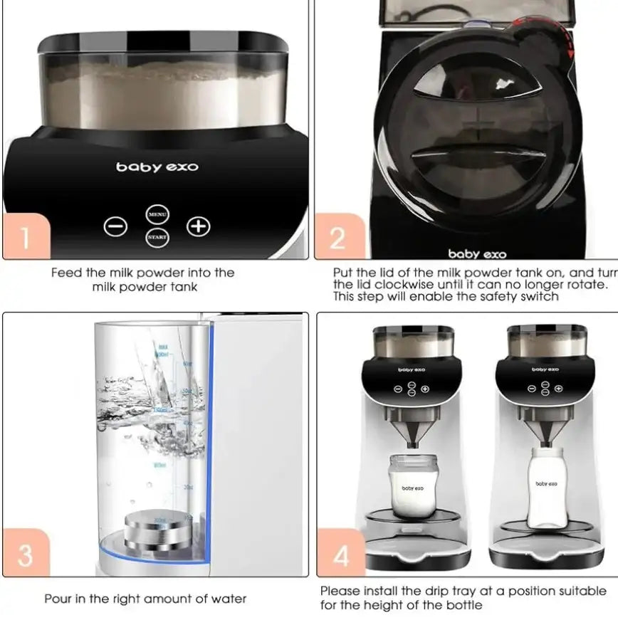 Four-step guide showing how to load powder, secure the lid, add water, and position the drip tray