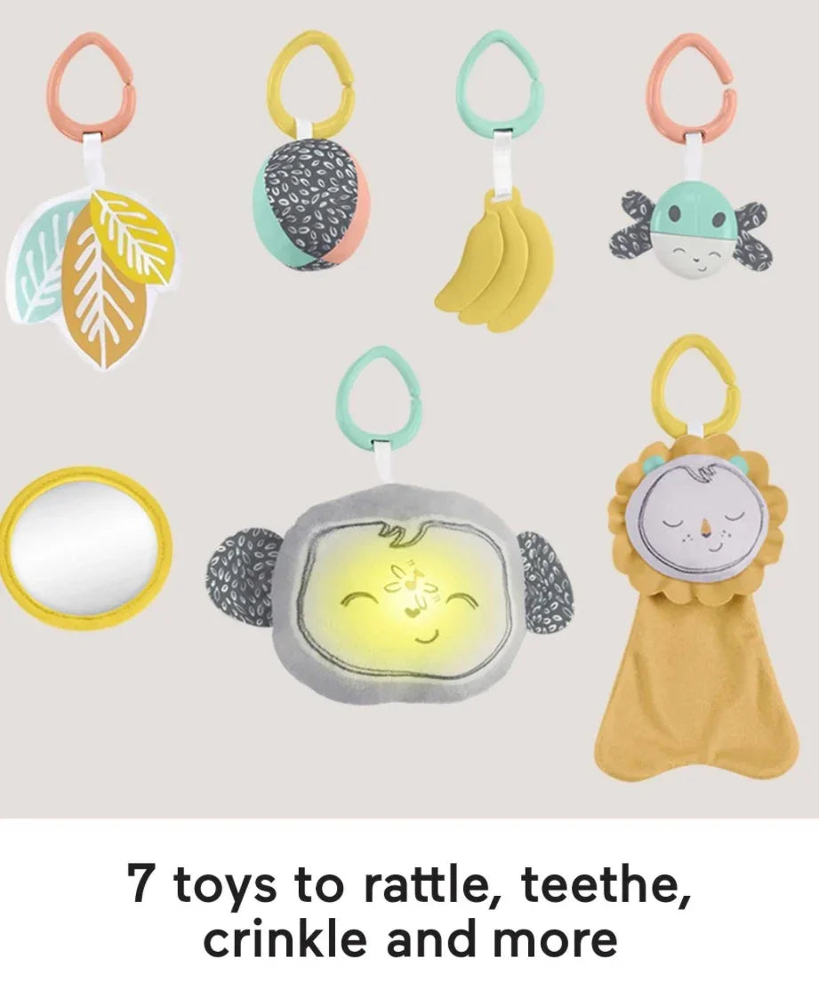 Promotional image showing seven detachable toys to rattle, teethe, crinkle and more with headline “7 toys to rattle, teethe, crinkle and more”