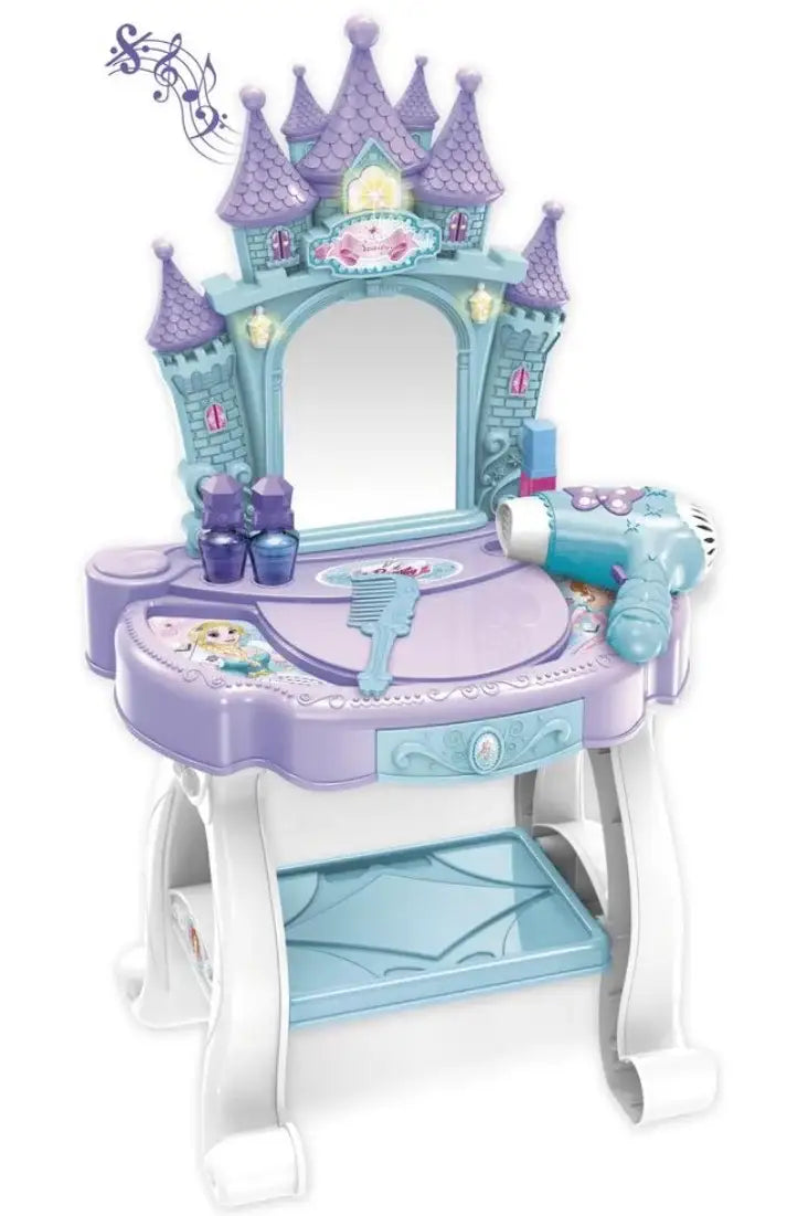 Front view of Glam Kids Princess Castle Musical Vanity Playset showcasing a castle mirror, toy hair dryer, comb, and accessories