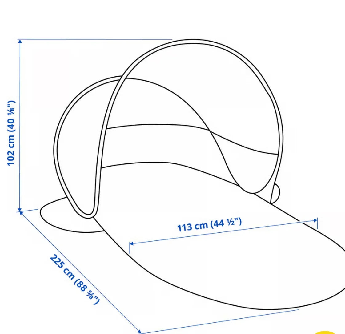 Line drawing with measurements of a sunshade beach lounge with a curved canopy and 225x113 cm base