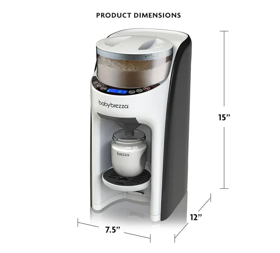 Baby Brezza formula dispenser machine with bottle and product dimensions 15x12x7.5 inches