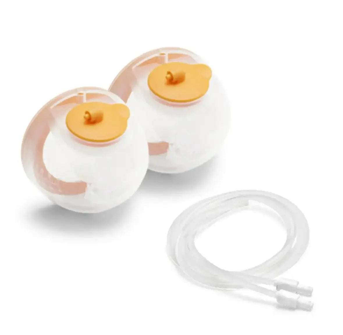 Front view of Hygeia Express wearable PAS showing two clear flange cups, yellow diaphragms, and tubing on white background