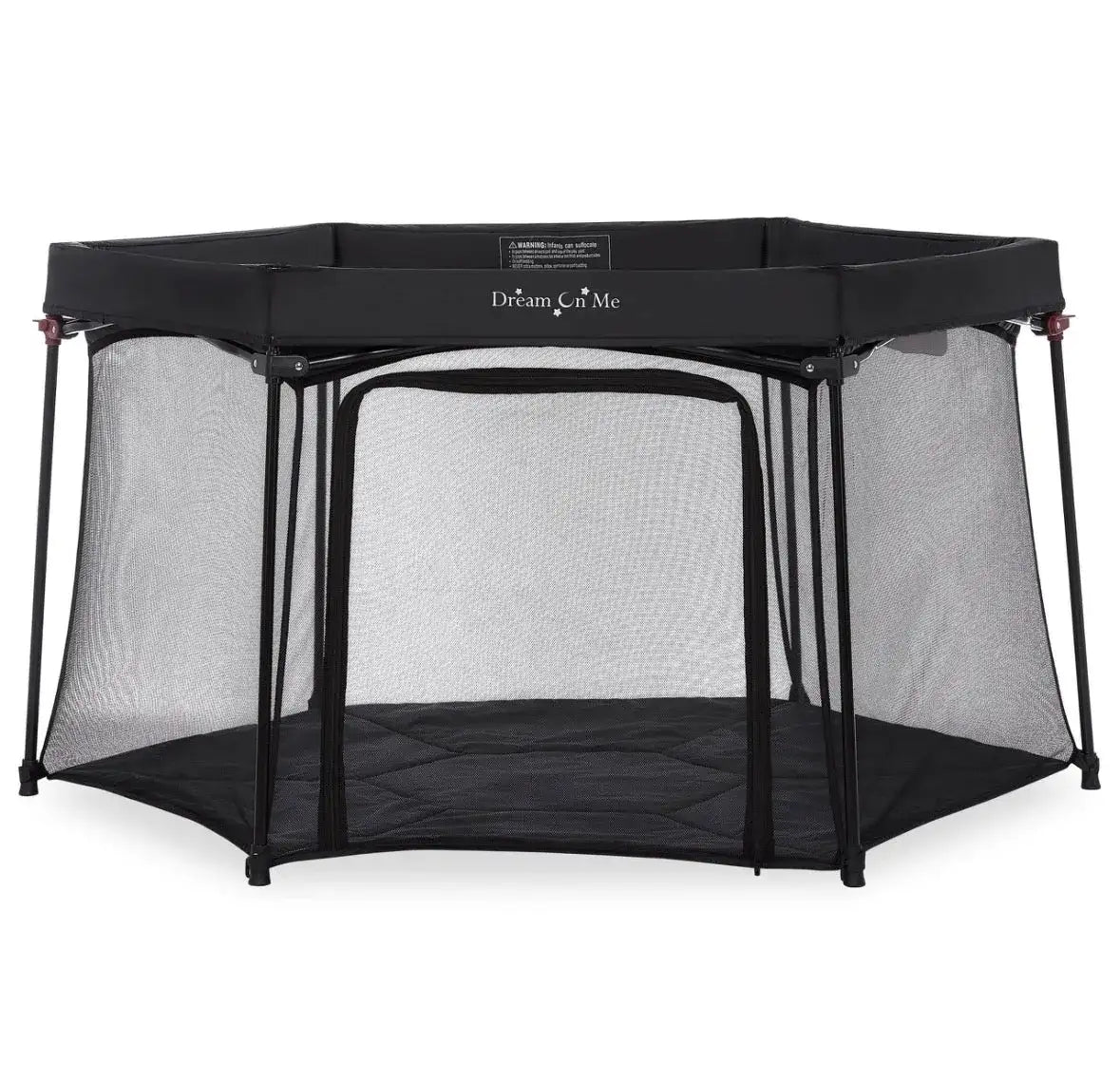 Front view of Dream On Me Onyx 6-Panel Playpen in Black with breathable mesh walls and front zipper door on white backdrop
