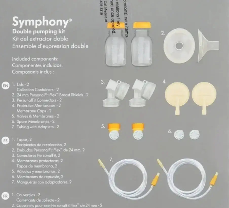 Diagram showing seven labeled components included with Medela Symphony double pumping kit
