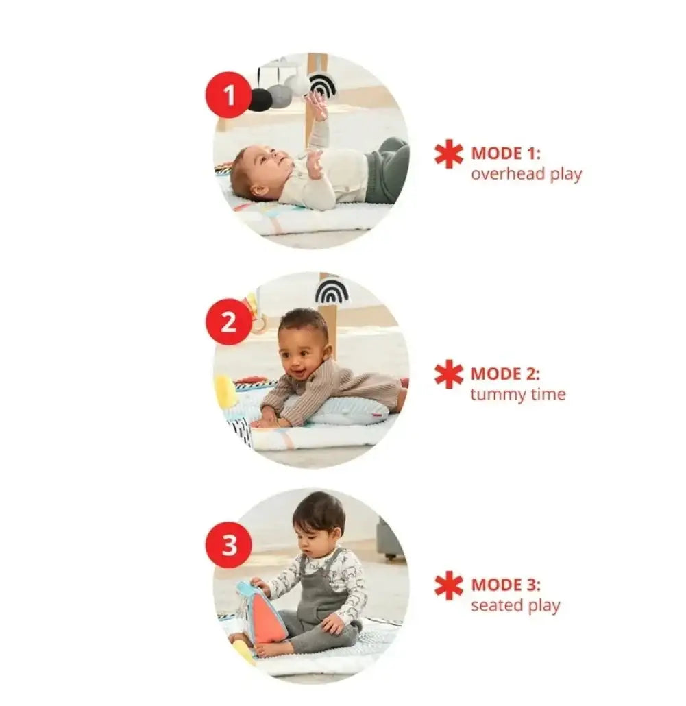 Three-step infographic showing play modes: Mode 1 overhead play, Mode 2 tummy time, Mode 3 seated play