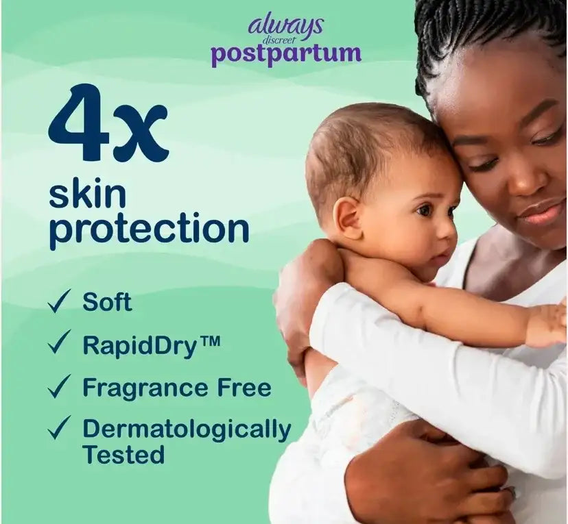 Always Discreet postpartum infographic showing 4x skin protection and fragrance-free, dermatologically tested pads