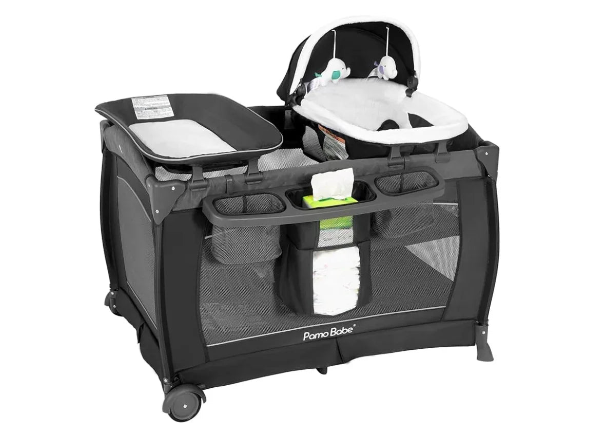 Black Pamo Babe baby playard with changing table, bassinet, and storage pockets