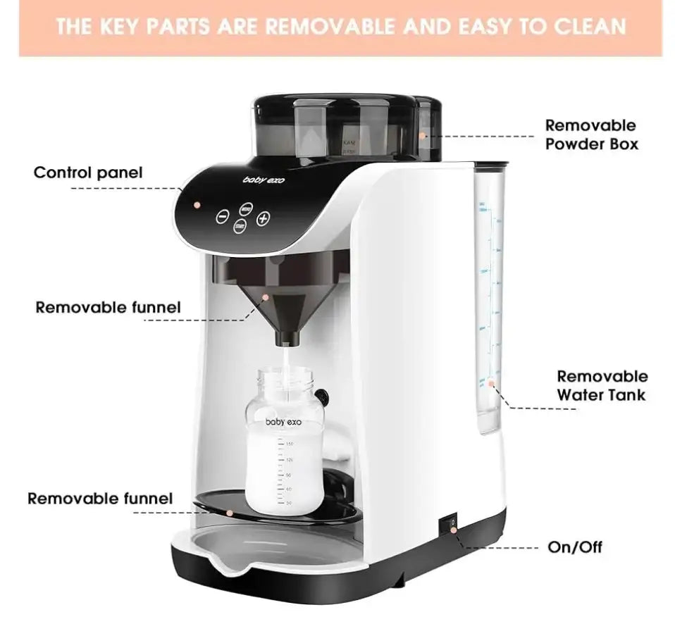 Front view of Baby EXO Smart Formula Maker/Dispenser with removable parts labeled for easy cleaning, on white background