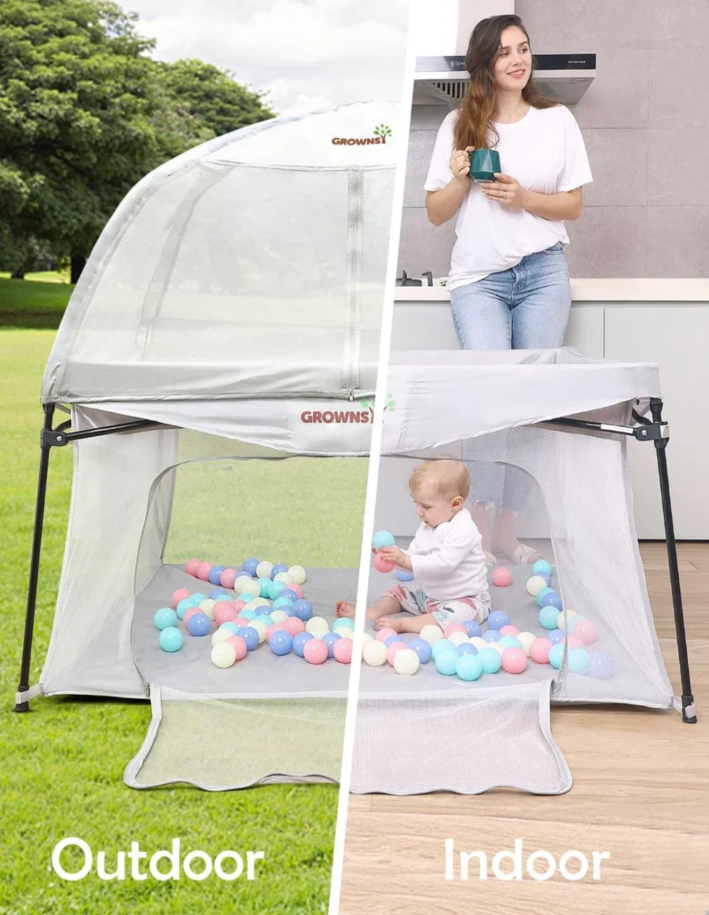GROWNSY Foldable Indoor/Outdoor Playpen with Canopy Grey 48x48''