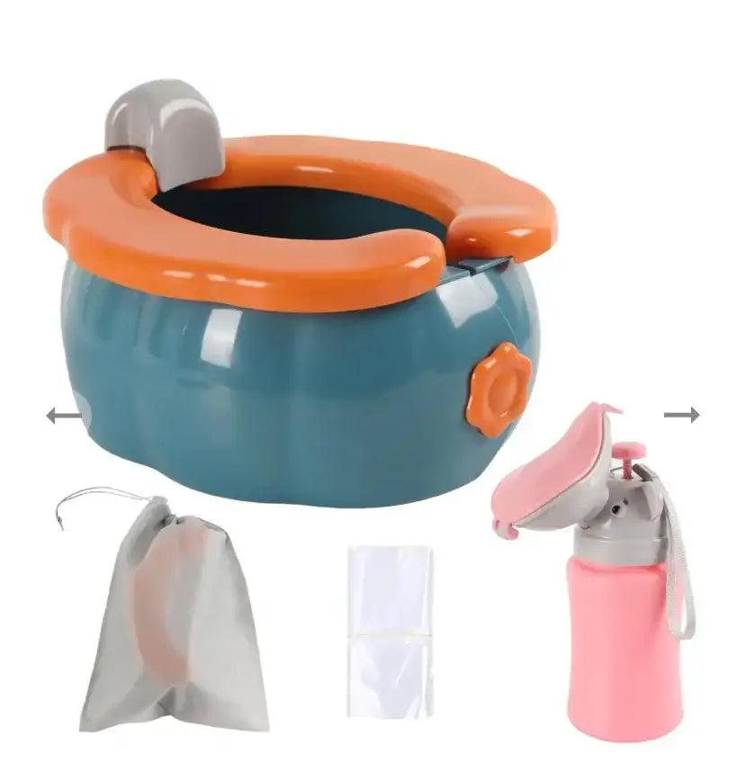Kids travel potty set with blue and orange seat, pink bottle, bag, and liners