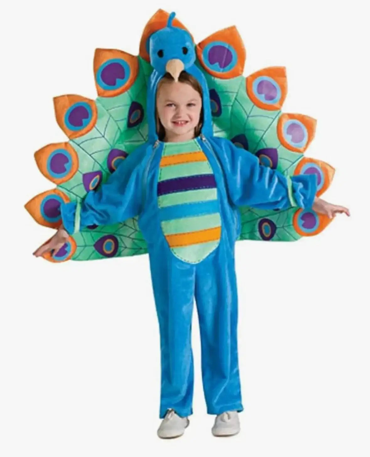 Front view of Rubie’s blue peacock costume showcasing a hood, striped belly, and fan tail on a child against a white background