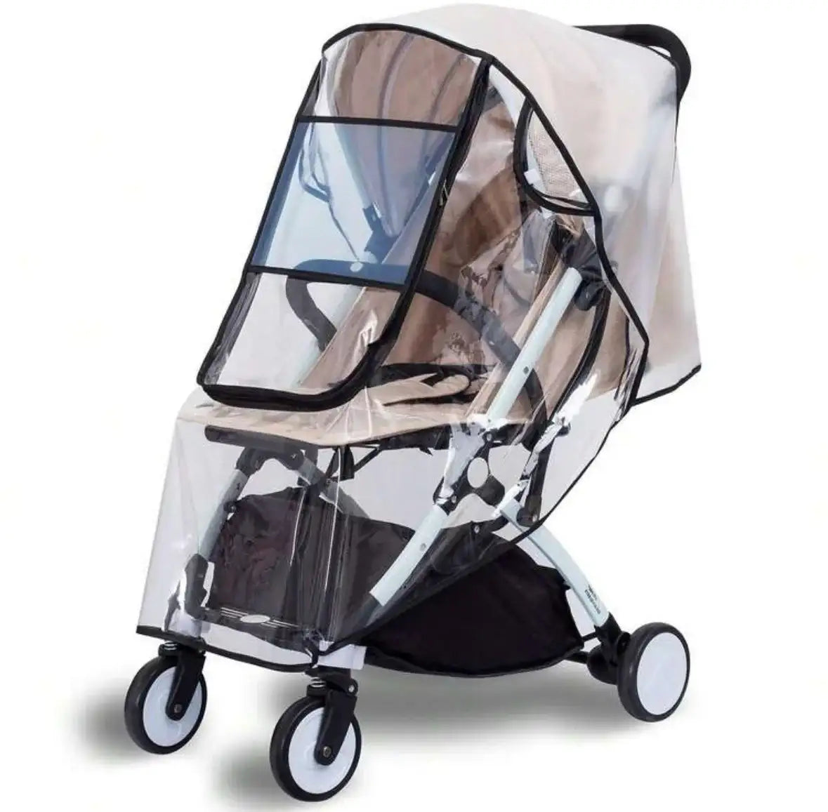 Three-quarter view of Stroller/Car Seat Transparent Rain Cover showing zip front window and full coverage on white background