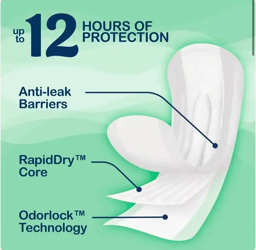 Front view of Always Discreet postpartum pads, moderate 57 ct, showing 12 hour protection and anti-leak barriers