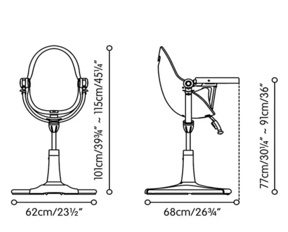 Dimension diagram showing front and side views of high chair with widths 62 and 68 cm and heights 101 to 115 cm and 77 to 91 cm
