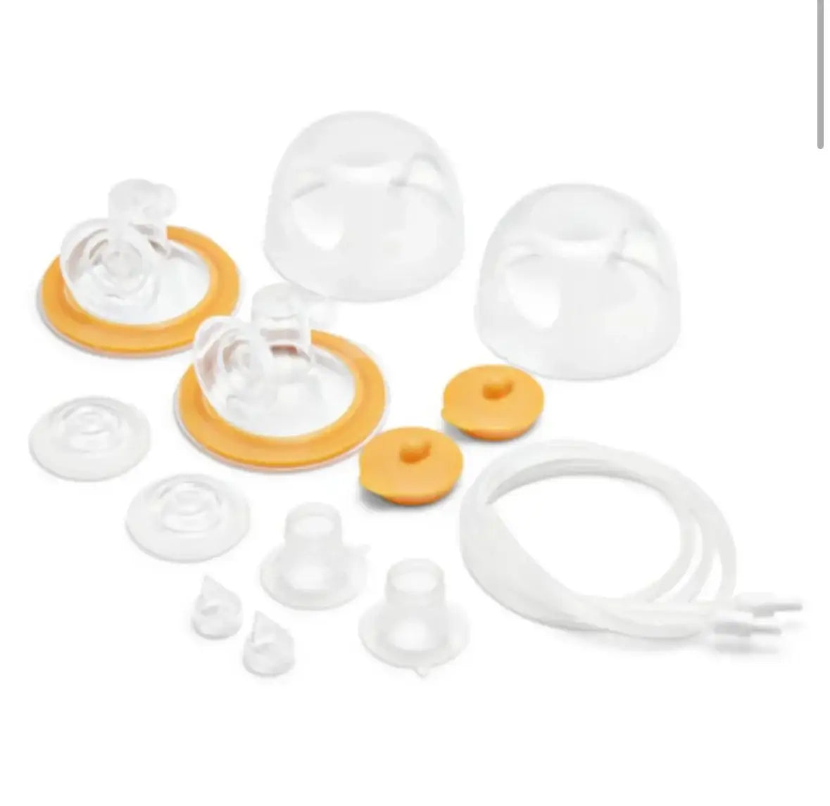 Clear and orange replacement parts for a baby breast pump including valves, membranes, tubing, and caps