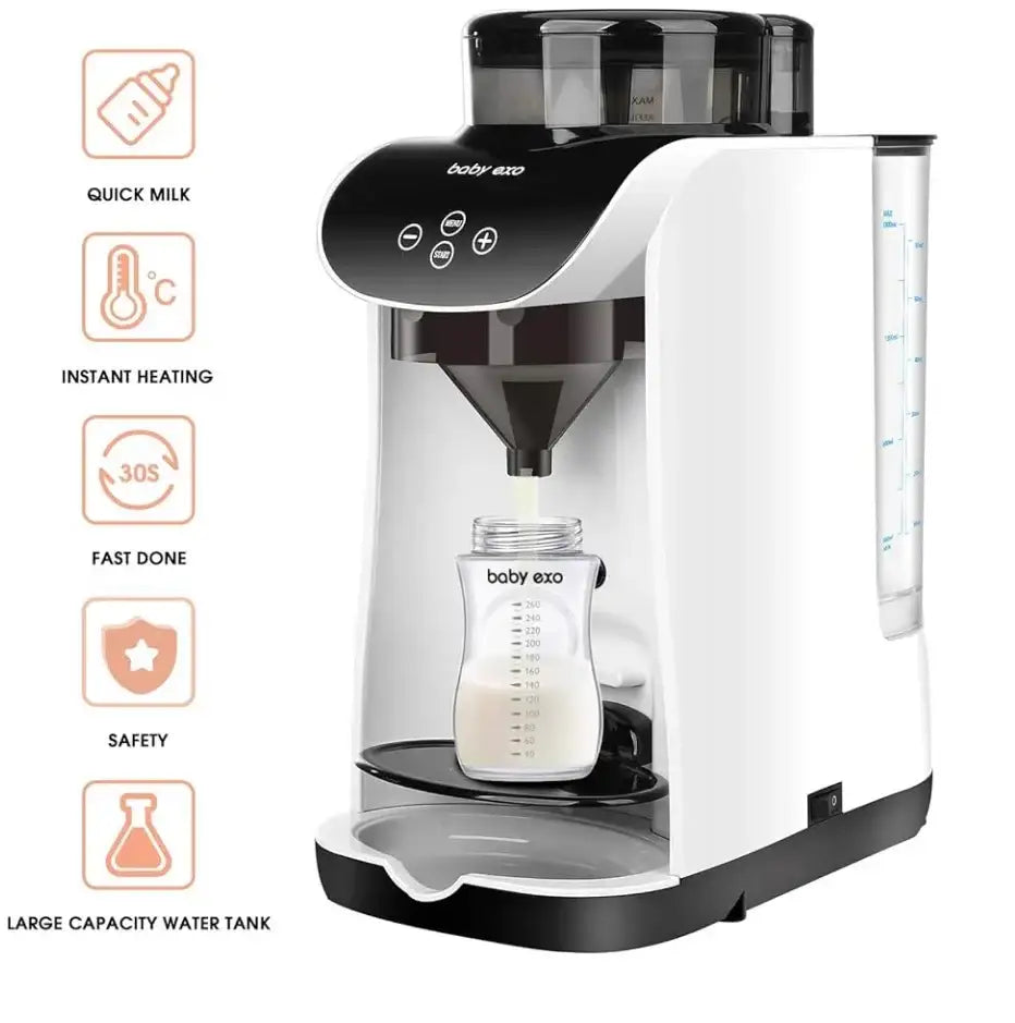Front view of Baby EXO Smart Formula Maker and Dispenser with bottle, water tank, quick milk, instant heating, and safety