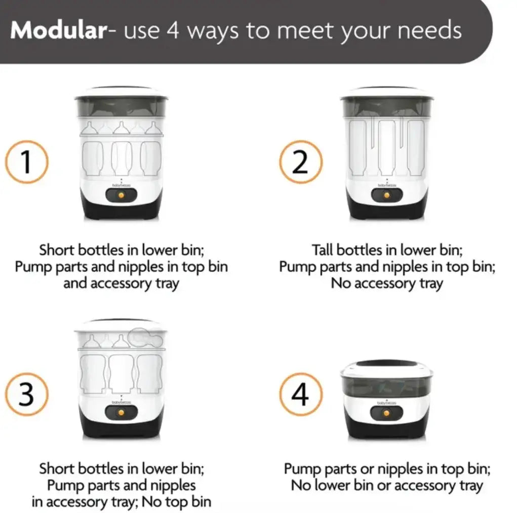 Diagram of four modular layouts for Baby Brezza One Step Sterilizer showing where to place short or tall bottles and nipples