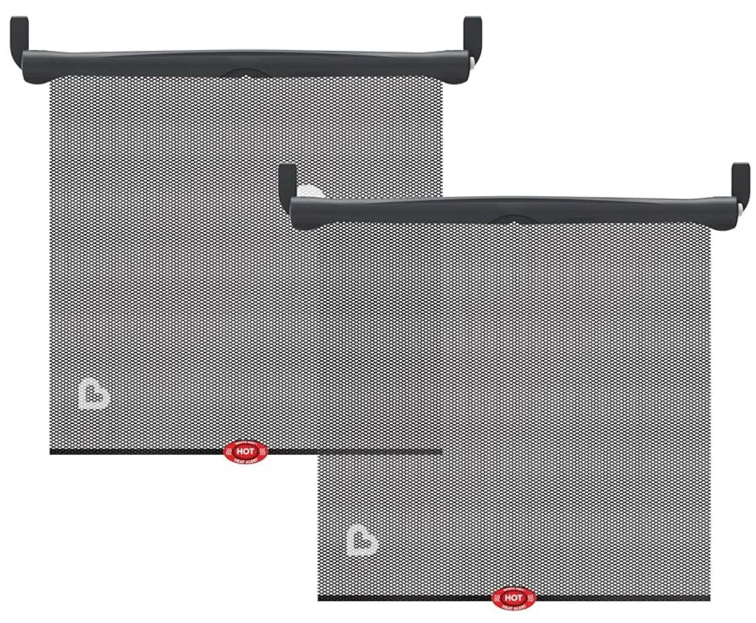 Front view of Munchkin Sun Safety Car Window Roller Shades 2pk showcasing black mesh panels and roller bars on white