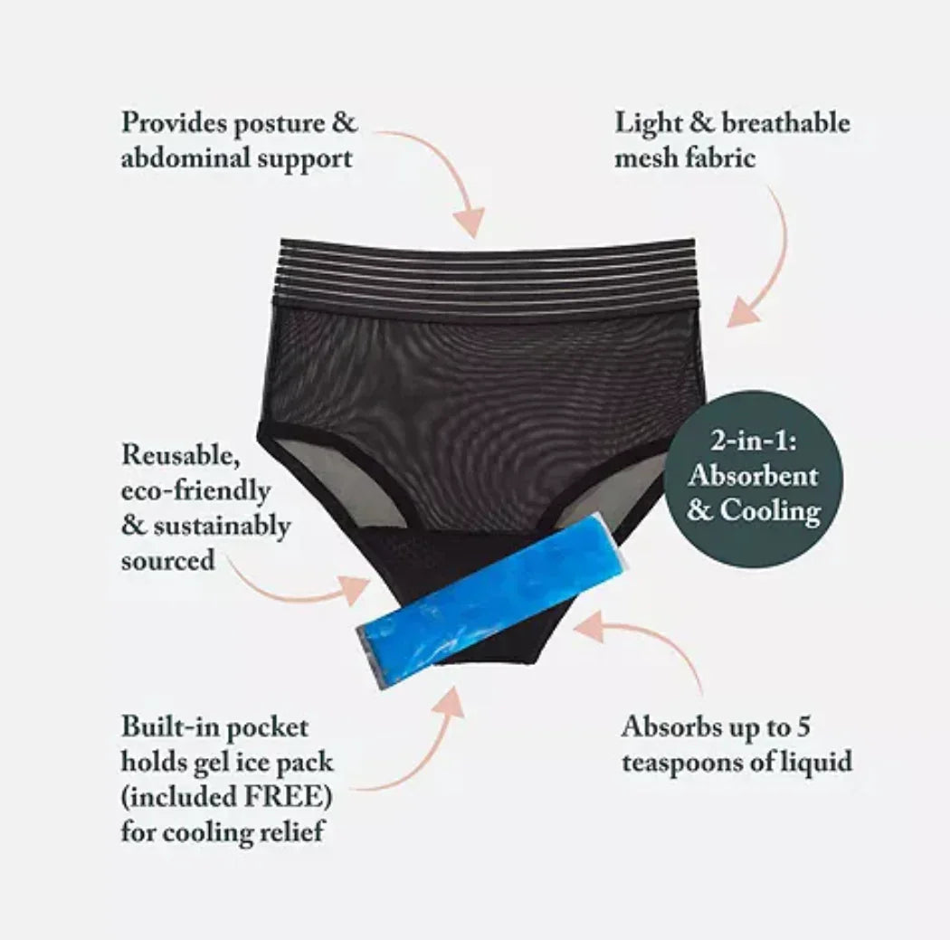 Black postpartum underwear with cooling gel pack, absorbent, reusable, breathable mesh fabric.