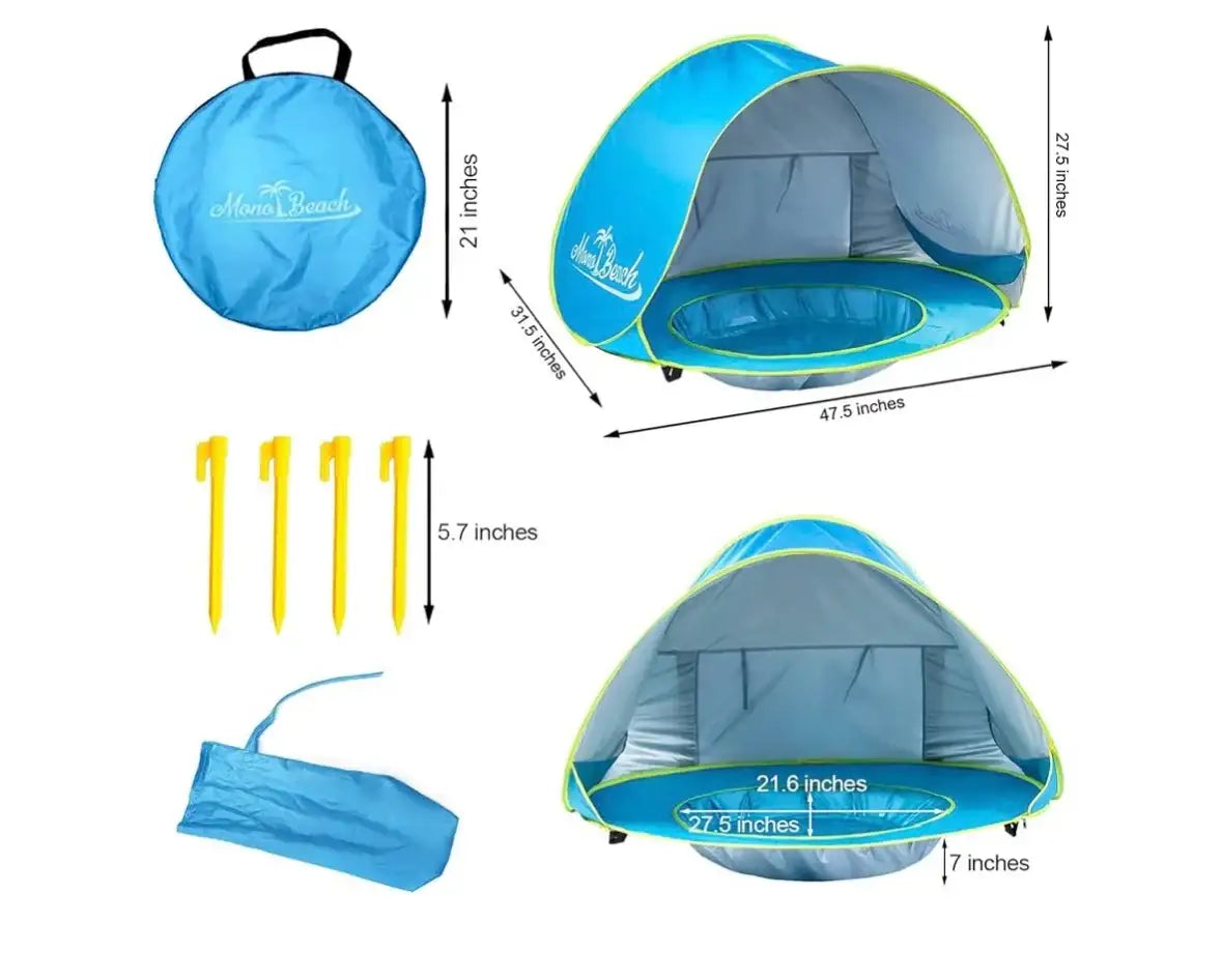Angled view of Monobeach pop-up baby tent, blue; shows shaded canopy, pool-style floor, carry bag and four stakes; 47.5 x 31.5 x 27.5 in