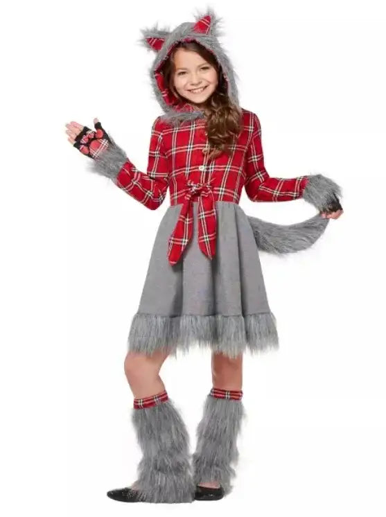 Front view of Spirit Halloween Charming Werewolf costume with red plaid dress, gray faux fur trim, hood, tail, and leg warmers