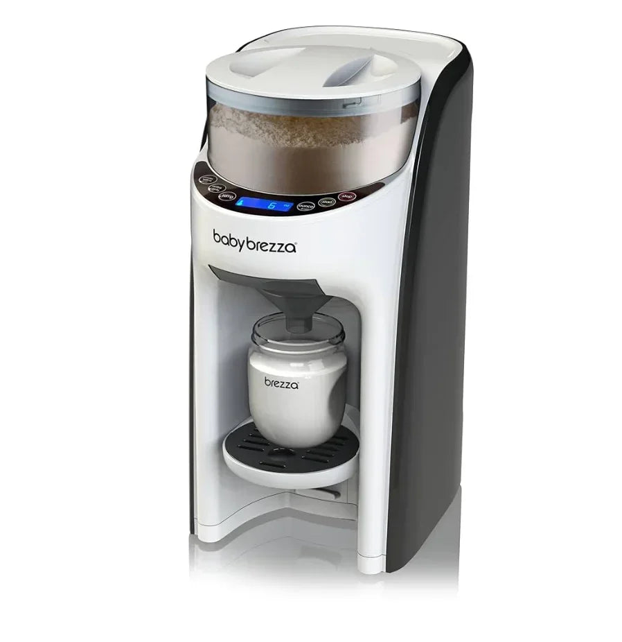 Baby Brezza formula dispenser with digital controls and milk bottle under the nozzle